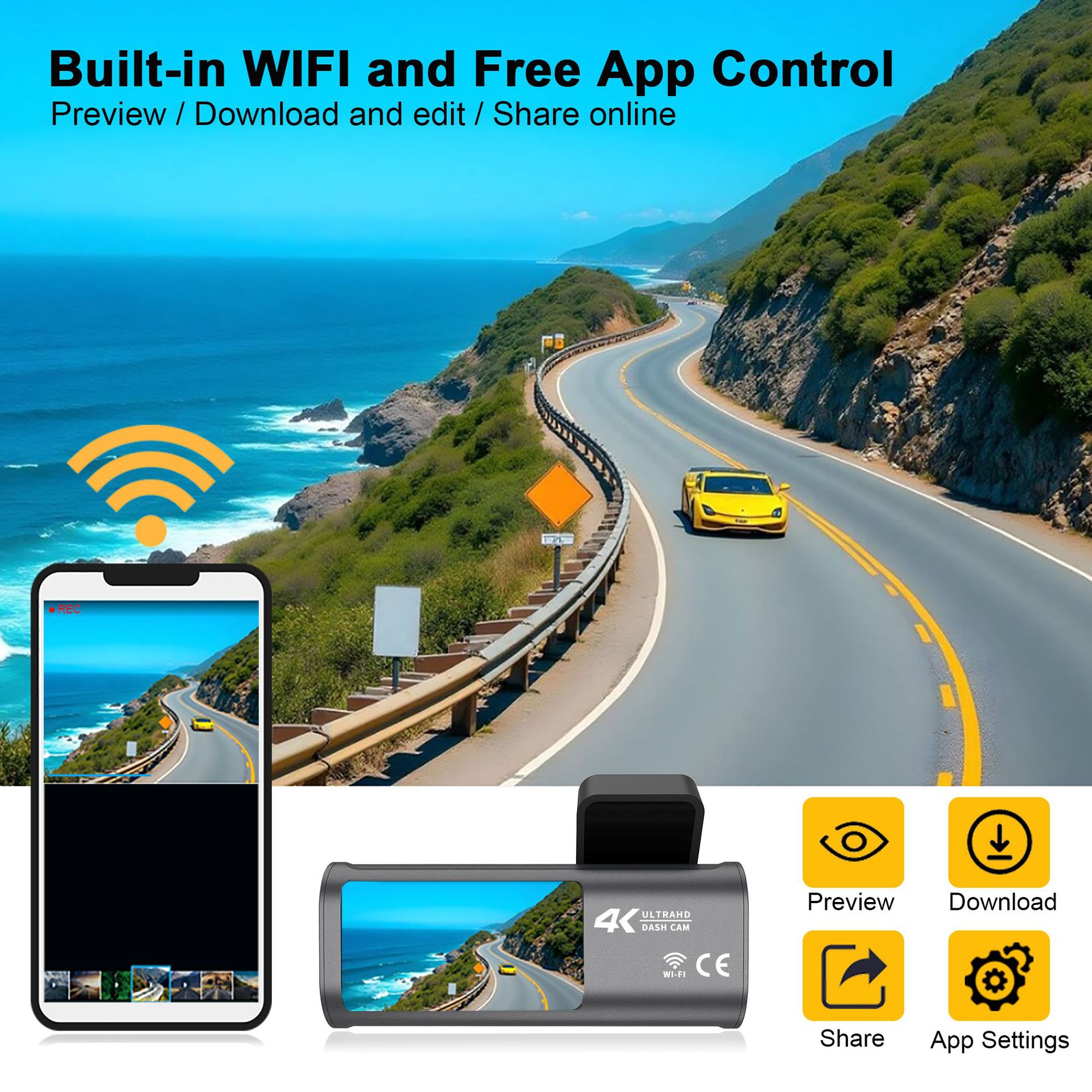 4Kgps Dash Cam with Front and Rear Dual Recording, Wifi Parking Monitoring, Dual-Lens Ultra-Clear Wide-Angle Car Camera