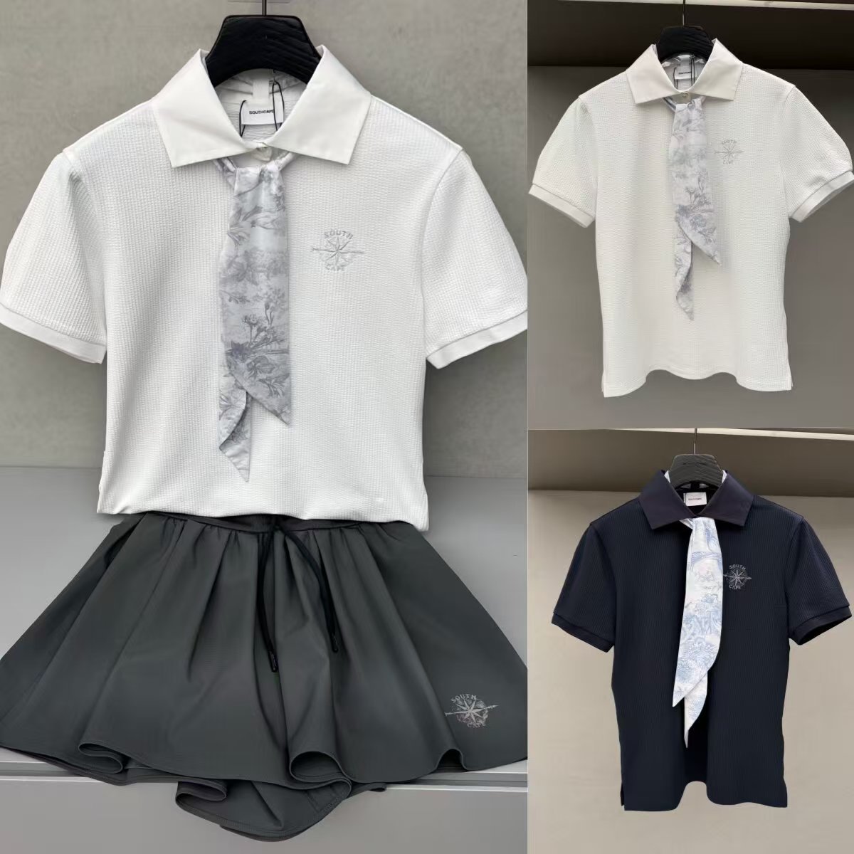 Spring and Summer Women's Golf Short-Sleeve Fashion Trendy Versatile Top with Detachable Scarf and Elastic Waist Umbrella-Shaped Skirt