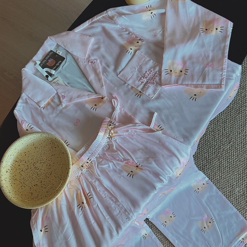 Yejia's Same Style Full-Print Kt Satin Pajamas Set Women's Spring & Fall Home Wear Set Short-Sleeved Suit Long-Sleeved Suit