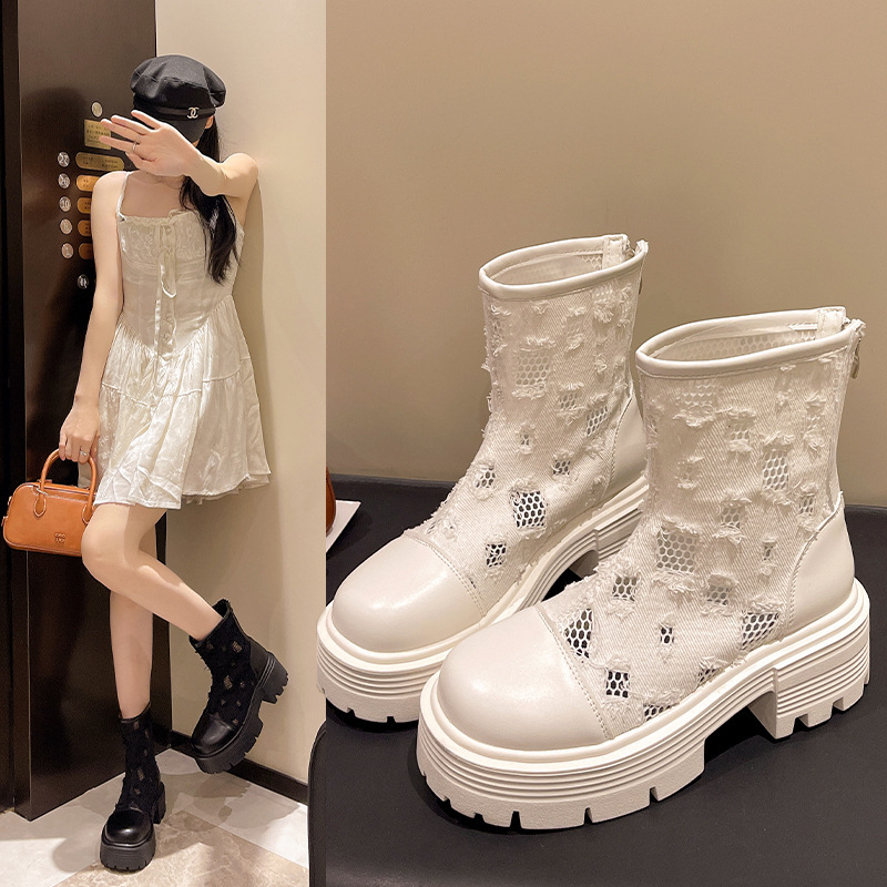 Breathable Mesh Boots Spring and Summer Thin Short Boots 2025 New Thick-Soled Mesh Boots Denim Cut Out Sandals