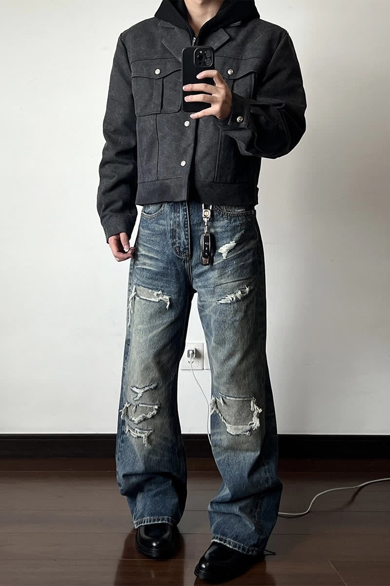 Men's Distressed Washed Denim Jeans With Rip & Frayed Details, Loose Fit Straight Leg Pants, Vintage Streetwear Style For Casual Wear_mkmklike.com