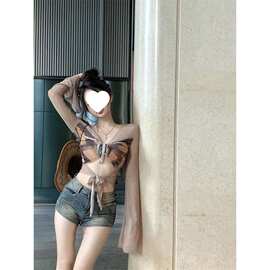 蝴蝶结印花长袖恤女秋季甜辣妹性感领露背上衣喇叭袖网纱打底衫