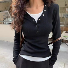 撞色假两件长袖T恤女秋冬小众排扣叠穿修身显瘦长袖打底针织上衣