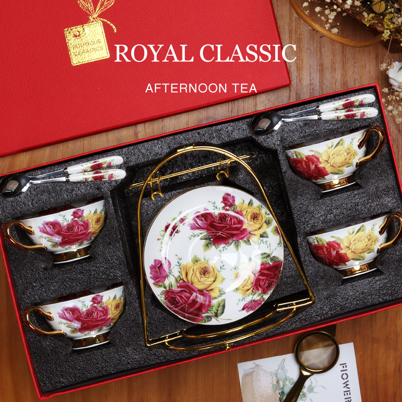 Traje de taza de Café de China de hueso de estilo europeo juego de té de la tarde dibujo exquisito de alta gama juego de té de flores de oro traje caja de regalo