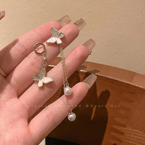 S925 silver needle micro-set exquisite asymmetrical fishtail earrings high-end design long tassel butterfly earrings stud earrings