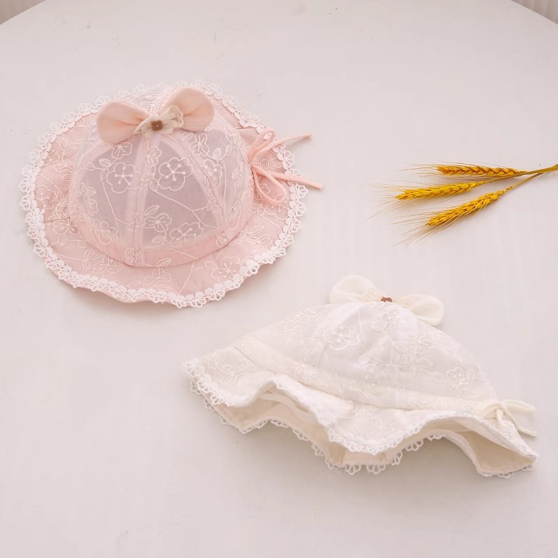 Sombrero para bebés primavera y otoño delgado sombrero de verano sombrero de sol princesa sombrero de mes pequeño sombrero de pescador sombrero de encaje transpirable
