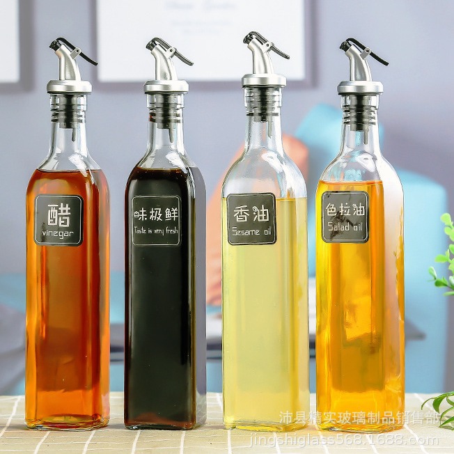 500ML大号带油嘴醋瓶方形料酒芝麻油酱油瓶套装方形玻璃油瓶
