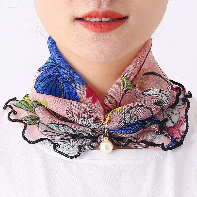 2021春夏季女薄款花卉網紗套頭脖套時尚領巾小絲巾珍珠吊墜圍巾潮