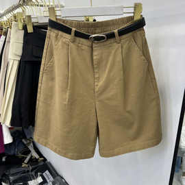 棉玫红色大码工装短裤女夏季外穿松紧腰a字五分阔腿休闲中裤子