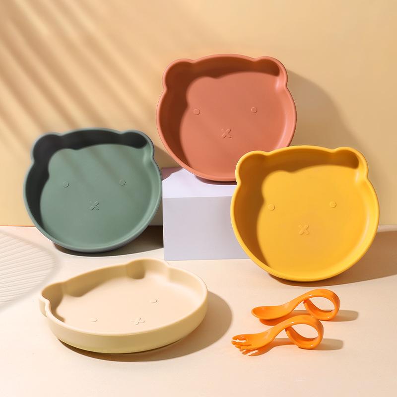 베이비 푸드 보충 디너 플레이트 어린이 귀여운 곰 식품 학년 실리콘 식품 보충 그릇 만화 드롭 방지 흡입 컵 드롭 방지 식기