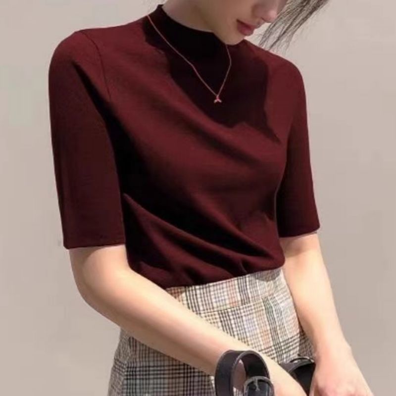 秋季纯色半袖T恤女2025新款修身显瘦时尚中年妈妈半高领正肩上衣