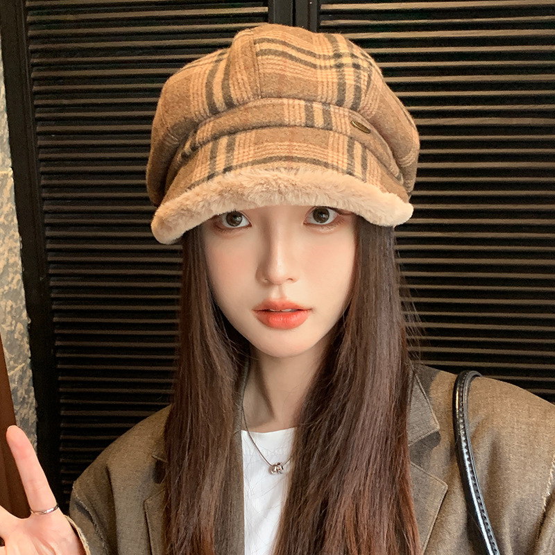 英伦风复古格子八角帽秋冬季帽子女款加绒保暖贝雷帽高级感画家帽|undefined
