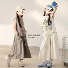 女童夏季薄款背心阔腿裤两件套2025新款中大童韩版卡通上衣套装潮