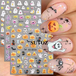 Cross-Border New Halloween Nail Stickers Cartoon Cute Ghost Spider Pumpkin Lantern Stereo Nail Art Stickers
