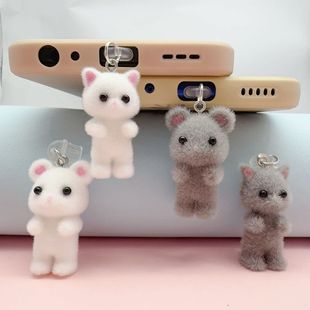 Flocked White Gray Cat and Mouse Mobile Phone Dust Plug Charging Point Port Plug Pendant Type-c and ISO Interface
