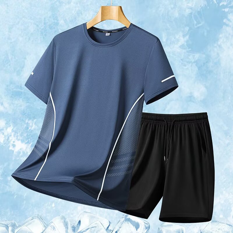 Trajes deportivos para hombres hielo veloz ropa seca camiseta de fitness correr mangas cortas pantalones cortos trajes de entrenamiento fábrica transfronteriza al por mayor