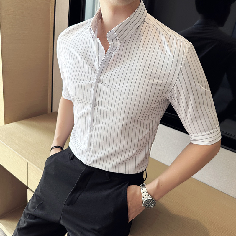 Men's Short-Sleeved Shirt, High-Quality Striped Slim-Fit Mid-Sleeve Shirt with Embroidery, Five-Quarter Sleeves, Non-Iron Treatment