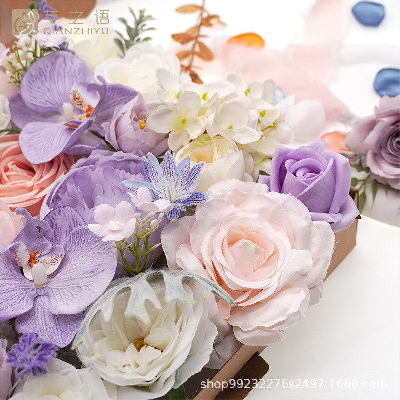 亚马逊热销仿真绢花礼盒活动订婚婚礼用品清新紫色韩式玫瑰手捧