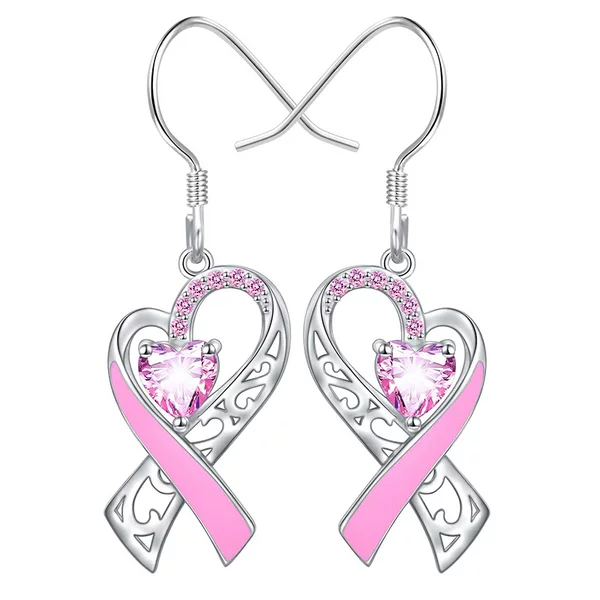 Simple Pink Love Ribbon-shaped Earrings with Diamond Love Creative Encouragement Courage Ladies Temperament Earrings Ear Hook