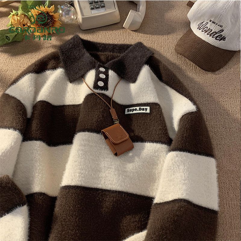Men's striped POLO collar sweater, preppy style, knitwear, relaxed and retro autumn/winter thick coat