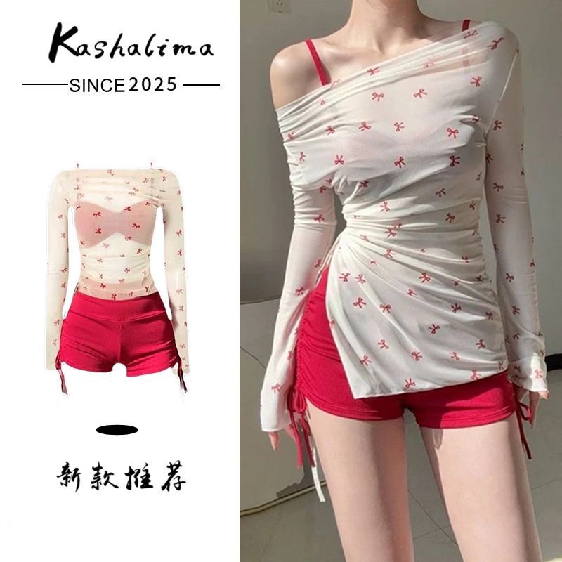 Swimsuit for Women, Three-Piece Set, for Young Girls with Small Busts, Push-Up, Suitable for Hot Springs and Vacations, Sun-Protective Swimwear, Long-Sleeved, Sporty Style