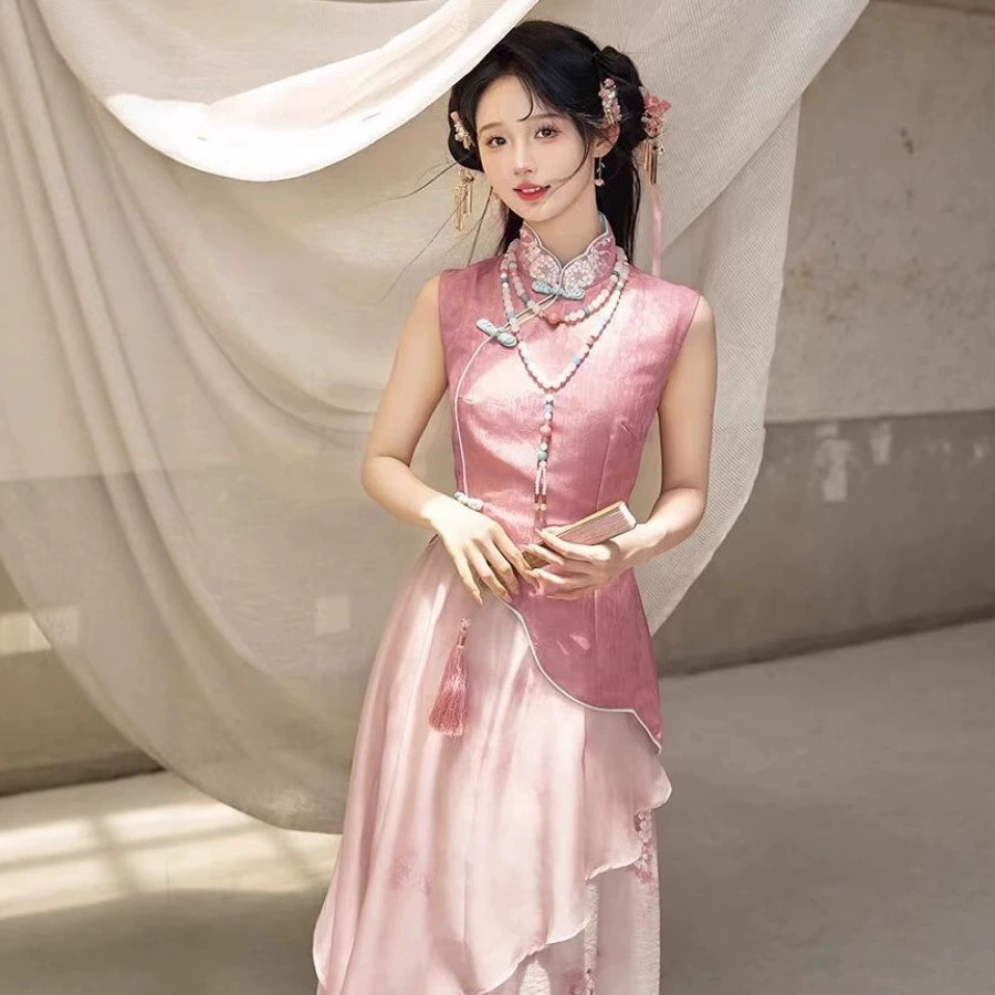 Новый улучшенный костюм-чонсам в китайском стиле, юбка для женщин, весенне-летний дизайн, верхнее платье для девочек с принтом в китайском стиле, комплект из двух предметов