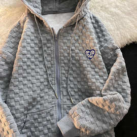 信屿 华夫格外套oversize美式宽松慵懒风卫衣连帽棒球服女春秋装