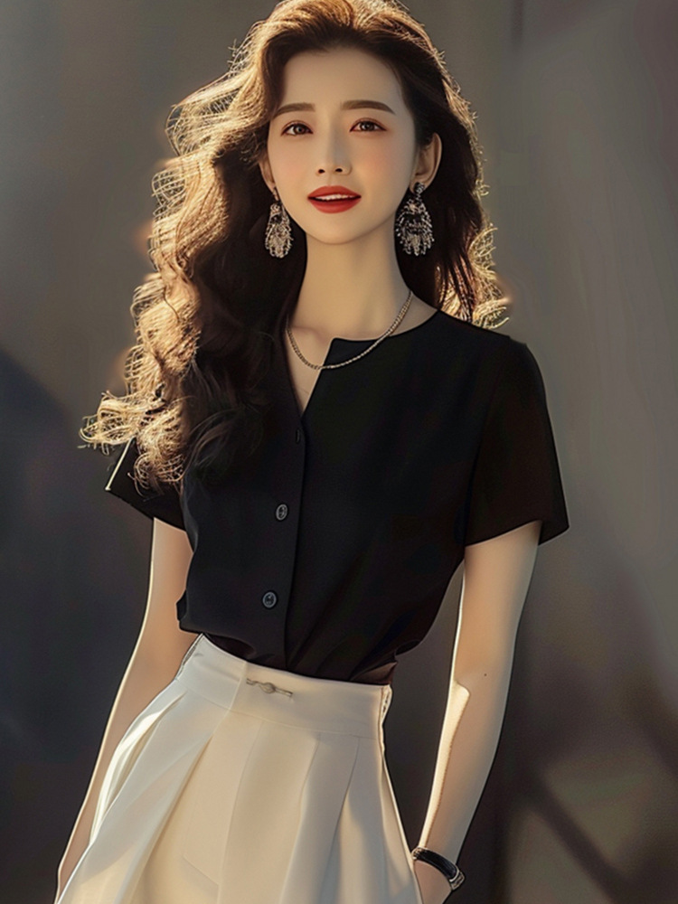 Set áo sơ mi đen phối chân váy midi thanh lịch nữ — màu đen