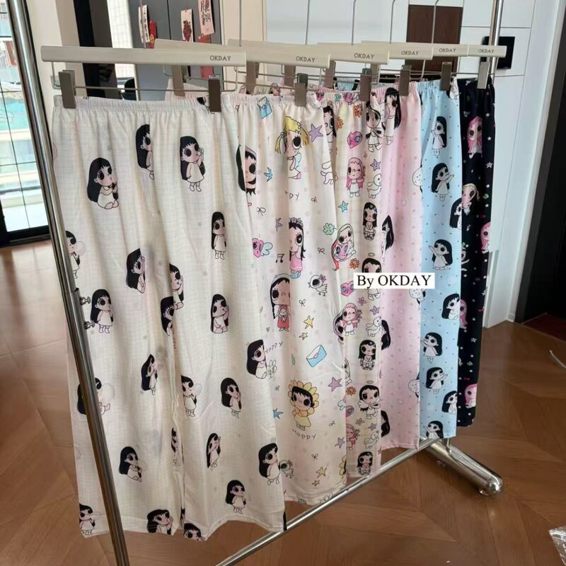 Plus-Size Women's Summer Cartoon Pajama Pants, Loose Casual Home Wear, Thin Wide-Leg Walking Pants, Bubble Cotton Straight-Leg Long Pants Plus-Size Women's Summer Cartoon Pajama Pants, Loose Casual Home Wear, Thin Wide-Leg Walking Pants, Bubble Cotton Straight-Leg Long Pants