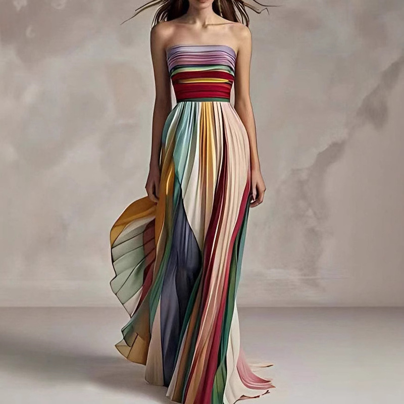 Cross-border 2025 independent station Amazon new European and American sexy tube-length printed color dress elegant dress