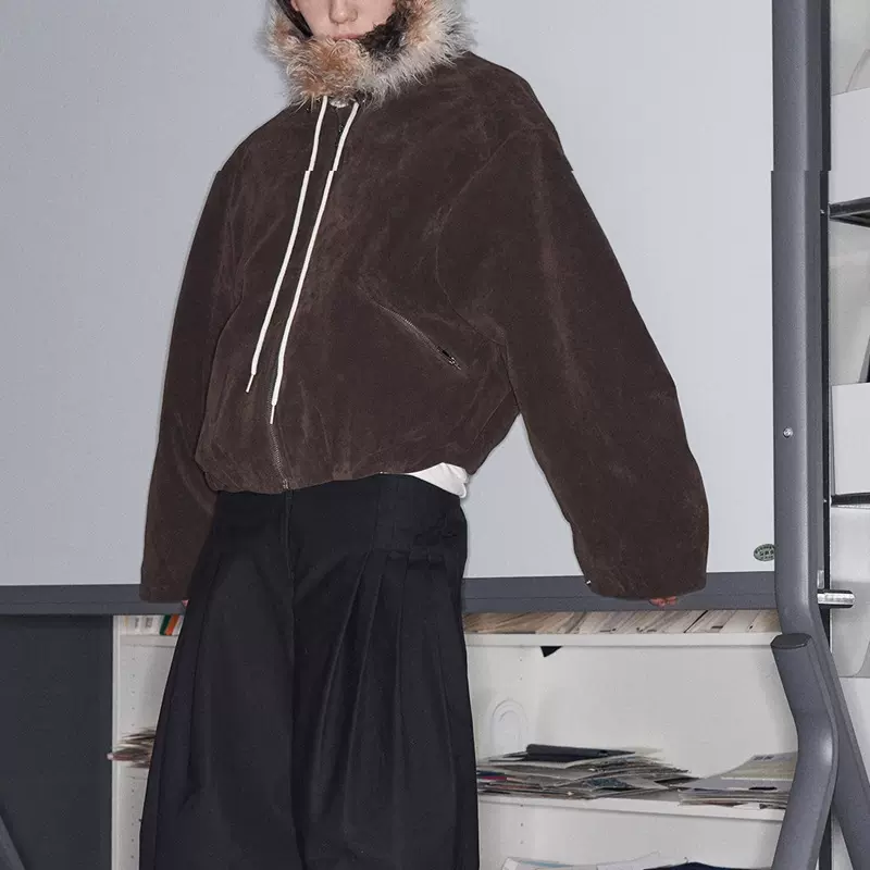 现货SelfSyn秋冬新品可拆卸毛领两穿宽松慵懒感麂皮夹克2025新款