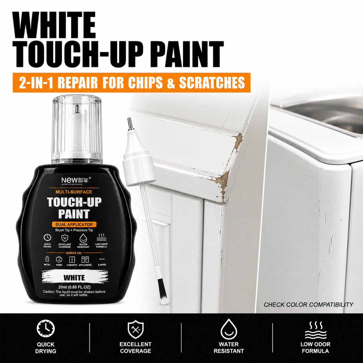 Cross-border white touch-up pen for furniture and home appliances scratch repair paint, dual-tip brush and fine pen tip, paint loss repair liquid