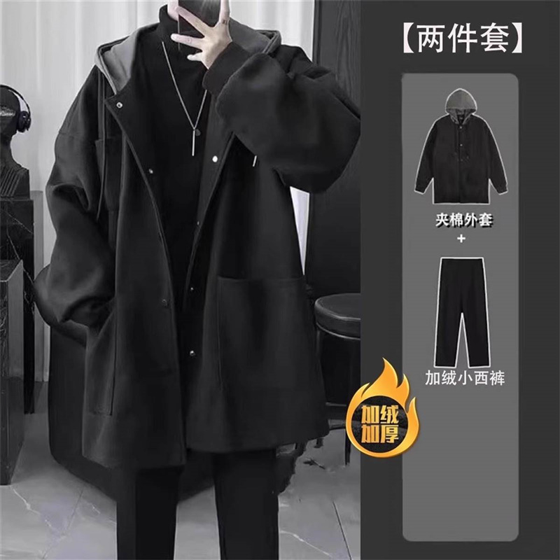 Woolen coat black + trousers black plus velvet two-piece set