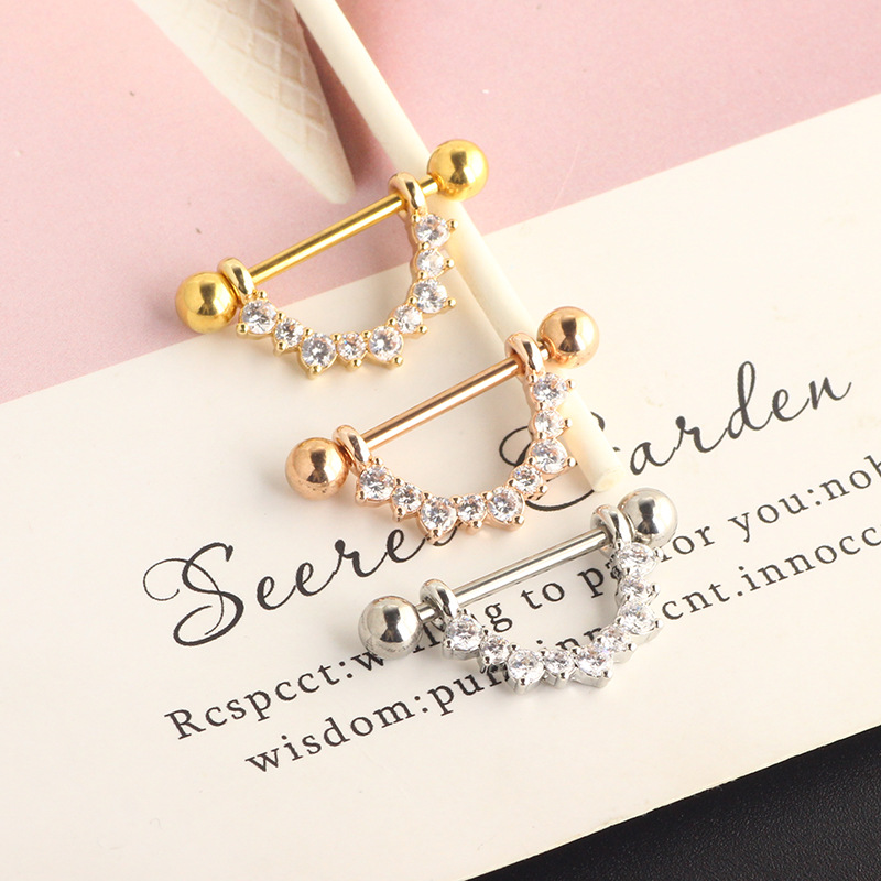 U-Shaped Nipple Ring with Crown Zircon - Rose Gold Stainless Steel Body Jewelry detail image 7