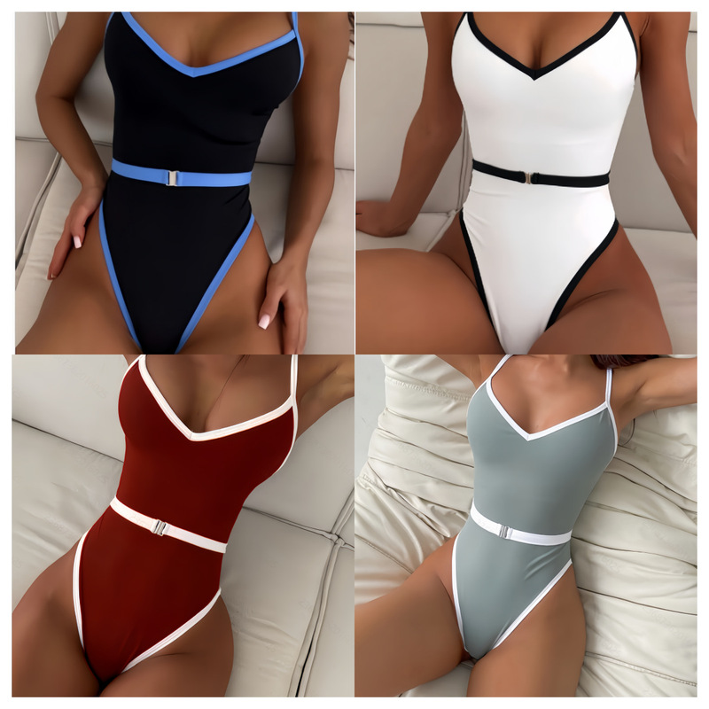 2025 New Independent Station Cross-Border Solid Color One-Piece Swimsuit Women's European and American Sexy Swimsuit Ready-Made Wholesale Foreign Trade Swimwear