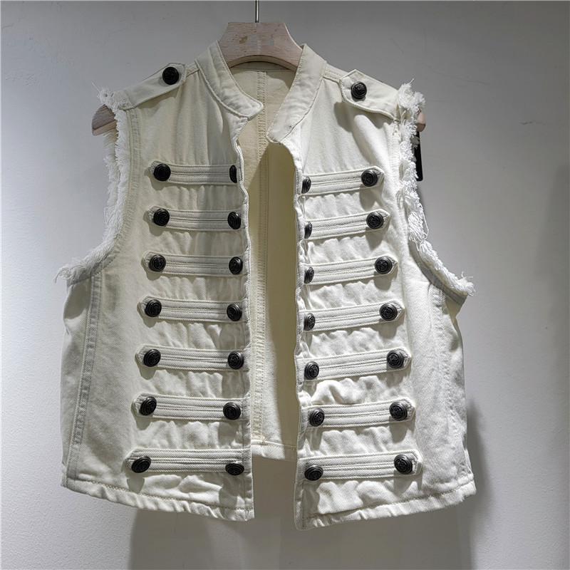 Diseño de estilo de corte estilo de moda suelto delgado de metal de construcción pesada sin mangas de collar chaqueta de mujer