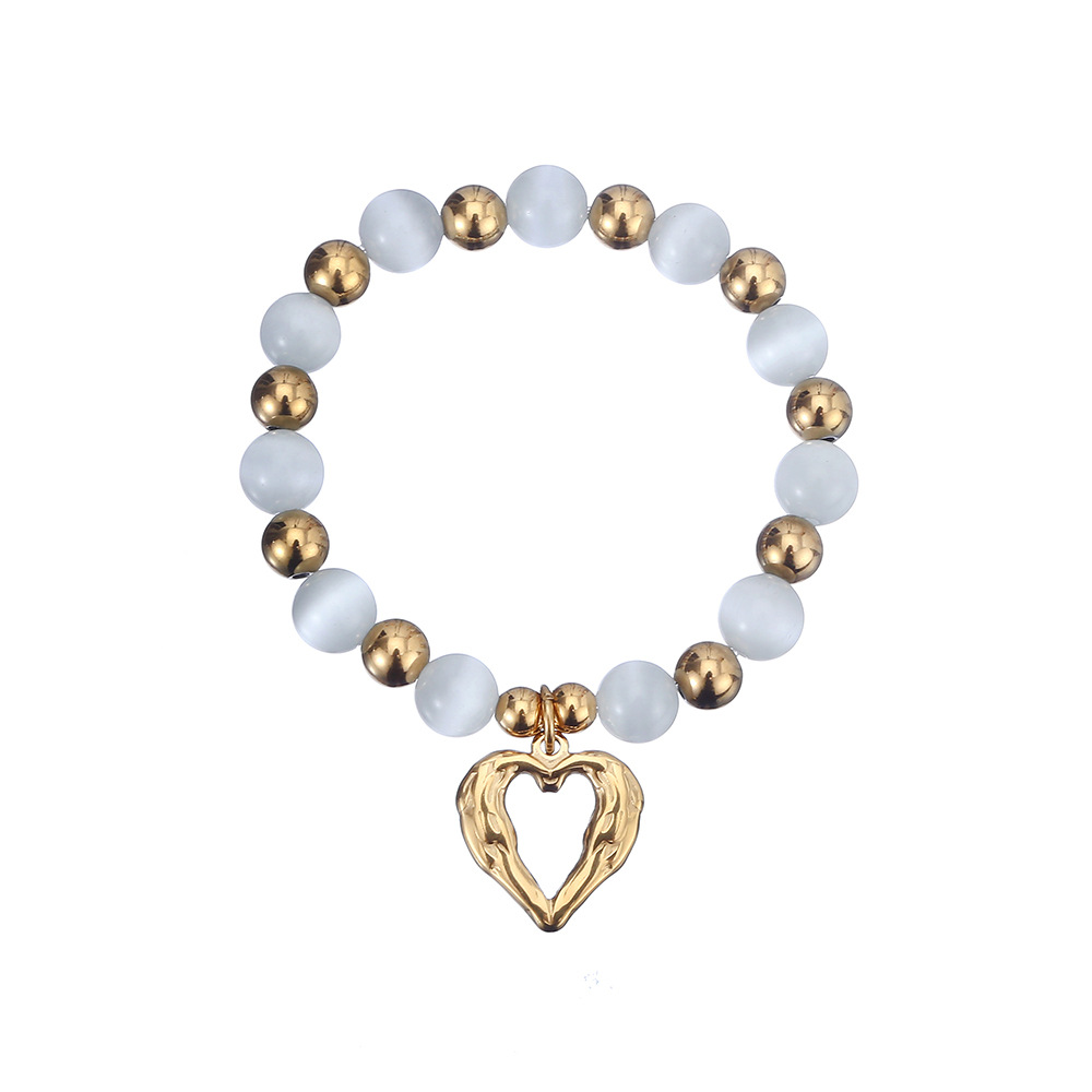 43g Weight Bracelets Classification 304 Stainless Steel Chain Material 1 Piece Quantity Holiday, Daily Occasion 304 Stainless Steel, Cat's Eye Stone Material Heart Shape Pattern Women's Gender Beaded Design Sweet Style Sweet Heart Shape 304 Stainless Steel Cat's Eye Stone Bracelets In Bulk 11