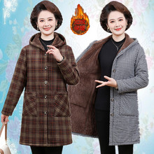中老年连帽格子棉衣加绒加厚棉服外套中长款50-60岁奶奶装棉袄女