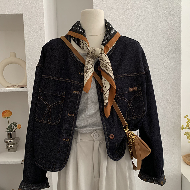 Omalai Gives a Scarf Retro Single-Breasted Round Neck Denim Jacket for Women Autum New Casual Top Trendy 4769