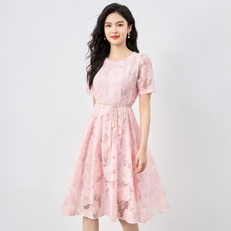 Đầm suông nữ midi tay ngắn họa tiết hoa nhí — 2419503 - Hồng chi tiết 3