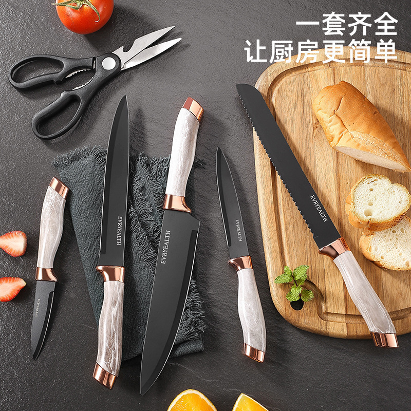 Fábrica directa de mármol doble cabeza galvanizada siete piezas cuchillo cuadrangular de cocina cuchillo de acero inoxidable conjunto al por mayor