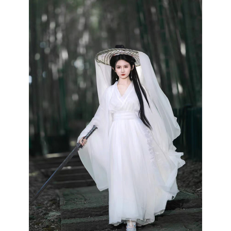 New Style of Ancient Wei and Jin Dynasty White Hanfu Flowing Fairy Skirt Martial Arts Style Cross-Collar Large-Sleeved Dance Costume Complete Set