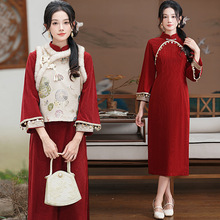 2025年新款复古文艺民国风灯芯绒马甲旗袍中式秋冬少女改良连衣裙