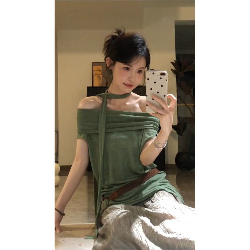 美式通勤简约斜肩多穿法绑带上衣夏季新款高腰慵懒半身裙两件套装|undefined