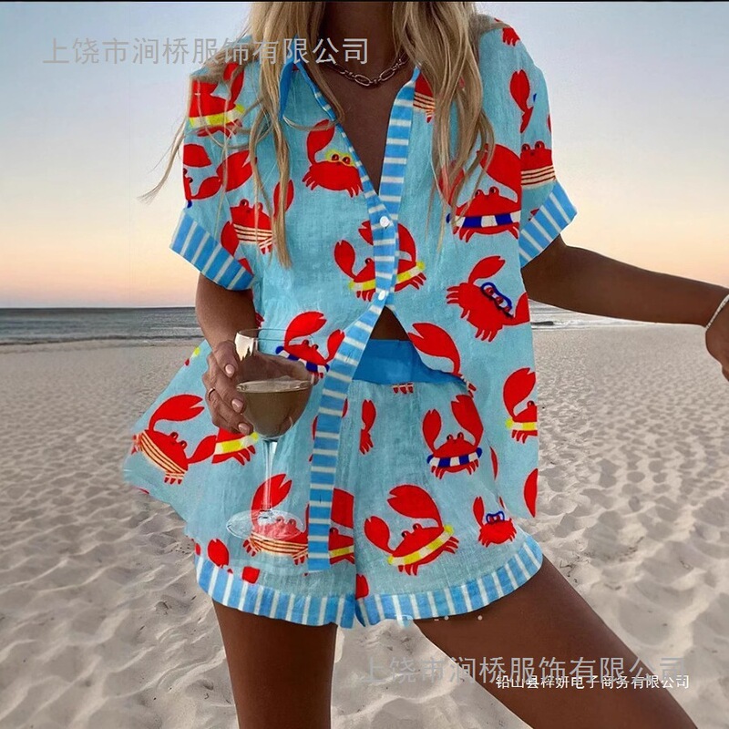 2025 spring and summer Amazon Europe and the United States cross-border fashion women's printed loose short sleeve shirt shorts POD customization