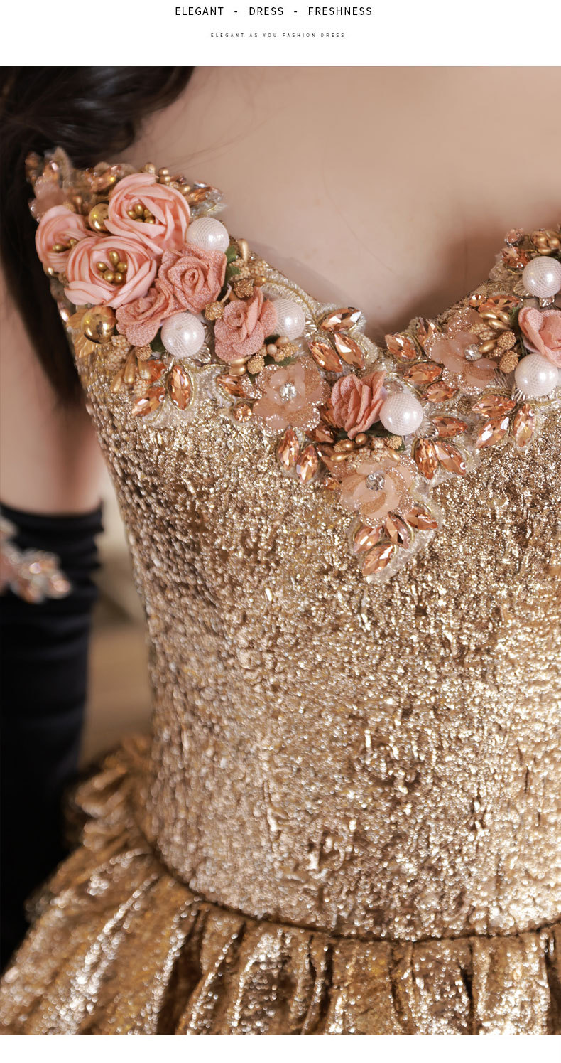 Đầm dạ hội ôm body dáng dài, thiết kế cổ V sâu, tay sát nách, phong cách vintage — Vàng Qidi (không bao gồm găng tay), Màu vàng cộng với găng tay chi tiết 7