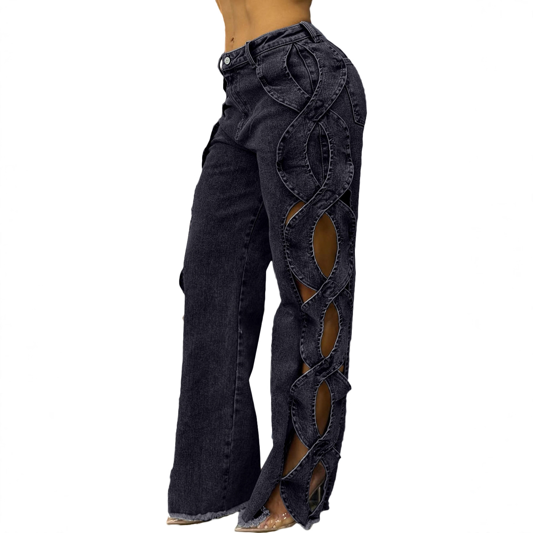 Women's Side Cutout S-Line Denim Pants – Edgy Patchwork Jeans With Distressed Details (Blue/Black-Gray, S-2XL)_mkmklike.com