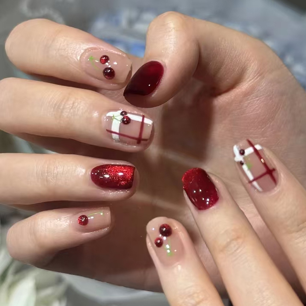 10 piezas de parche de uñas rojas decodificadas, ojo de gato de cereza, parche de uñas a mano, parche de uñas de alta calidad