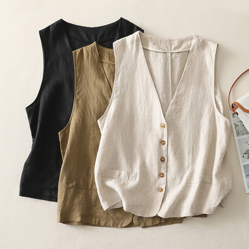 Real Shot of 2025 Summer New Style Literary Retro Cotton and Linen Sleeveless Vest Women's Literary Cardigan Outer Top Vest
