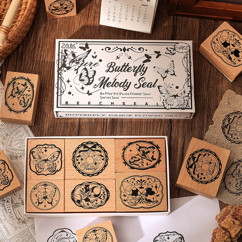 Danza de mariposa impresión de madera caja de sello de mariposa retro transfronteriza adorable chica encaje sello de encaje